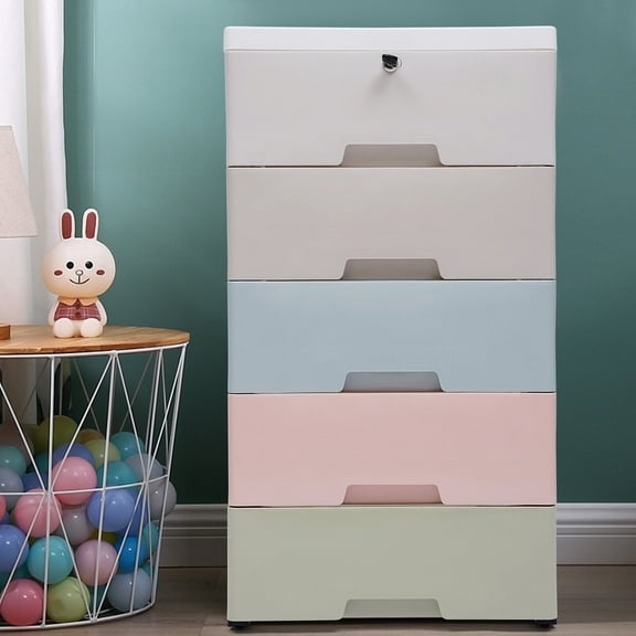 DENSET Plastic Cupboard 5 Drawers Stackable Floorstanding Cabinet with Lock, Polypropylene, Macaron