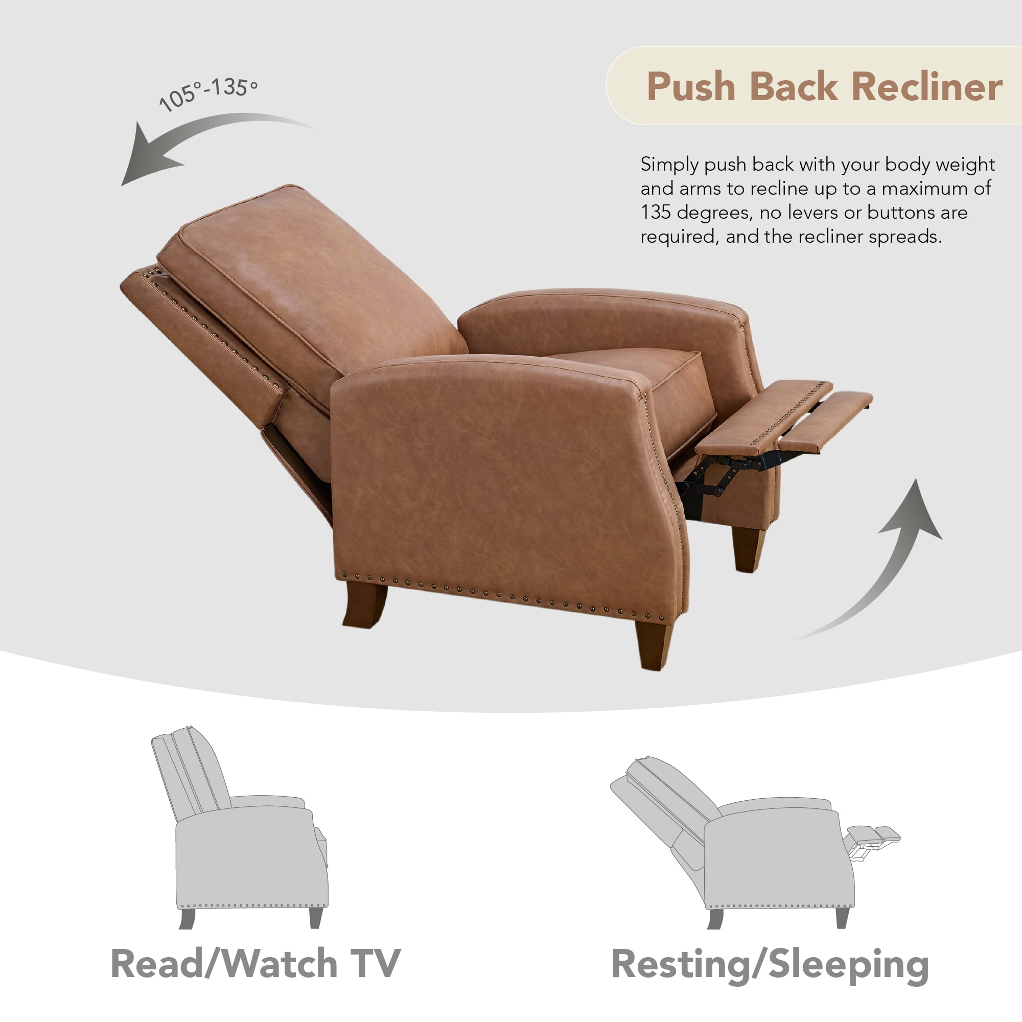 CHITA Recliner Chairs for Adults Single Sofa Chair for Living Room Faux Leather Push Back Recliner,Saddle Brown