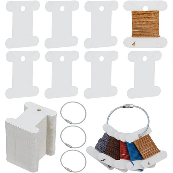 100 PCS Embroidery Floss Bobbins Thread Winder with 4 PCS Iron Floss Bobbin Hinged Ring 1.77x1.57inch White Paper Thread Winding Board Floss Bobbin Thread Card for Sewing Thread Storage