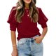 thumbnail image 1 of Camisa de manga corta con burbujas para mujer, cuello redondo, color puro, cierre de botones, puños, camisa holgada y plisada con mangas abullonadas, Top para verano, rojo vino XXL, 1 of 5