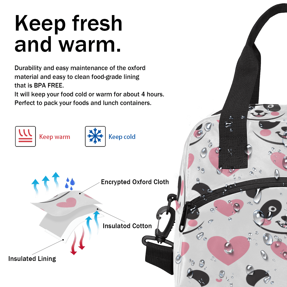 Herdesigns Cute Pandas Insulated Lunch Bag for Women Men Adults Large Reusable Lunch Box Pink Heart Leakproof Cooler Tote Bags with Adjustable Shoulder Strap