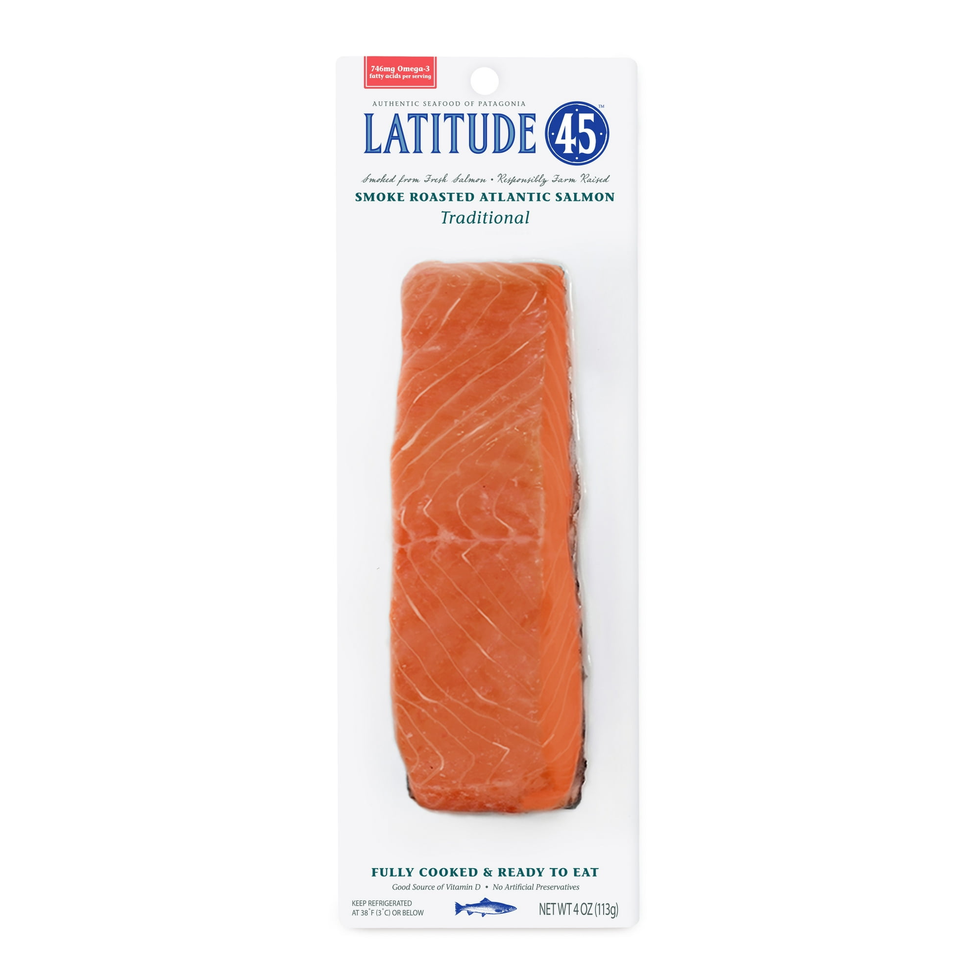 Latitude 45 Roasted Smoked Atlantic Salmon, 4oz package, 2 servings per container, serving size 2oz, 12g protein per serving.