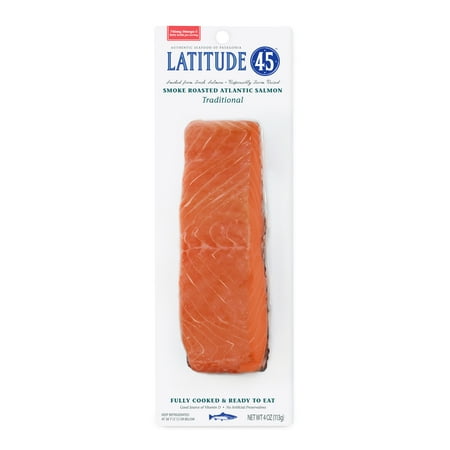 Latitude 45 Roasted Smoked Atlantic Salmon, 4oz package, 2 servings per container, serving size 2oz, 12g protein per serving.