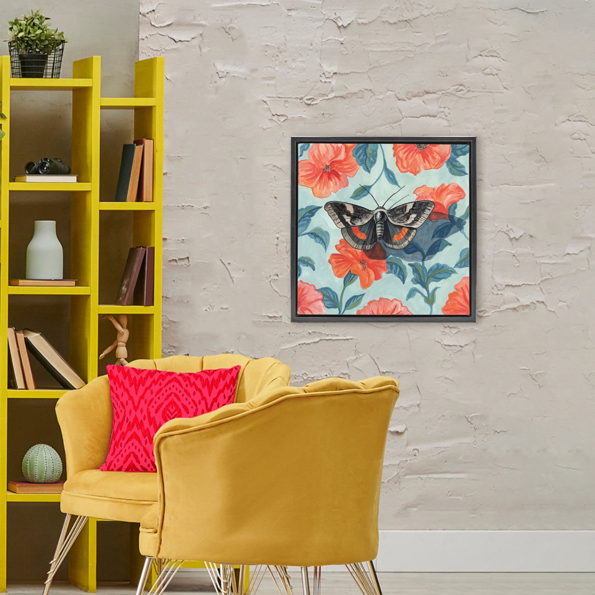 Stupell Industries Academia Moth On Floral Black Framed Floater Canvas Wall Art, design by Kate Jarvik Birch