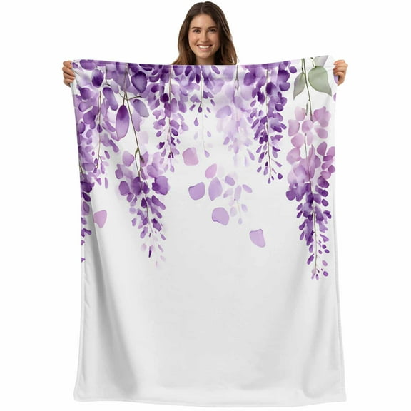 Flannel Fleece Throw Blanket Purple Lavender Flower Lightweight Soft Plush Blankets,Romance Floral on White Cozy Warm Throw Blanket for Couch Sofa Bed Car Office All Season Use 40x50in