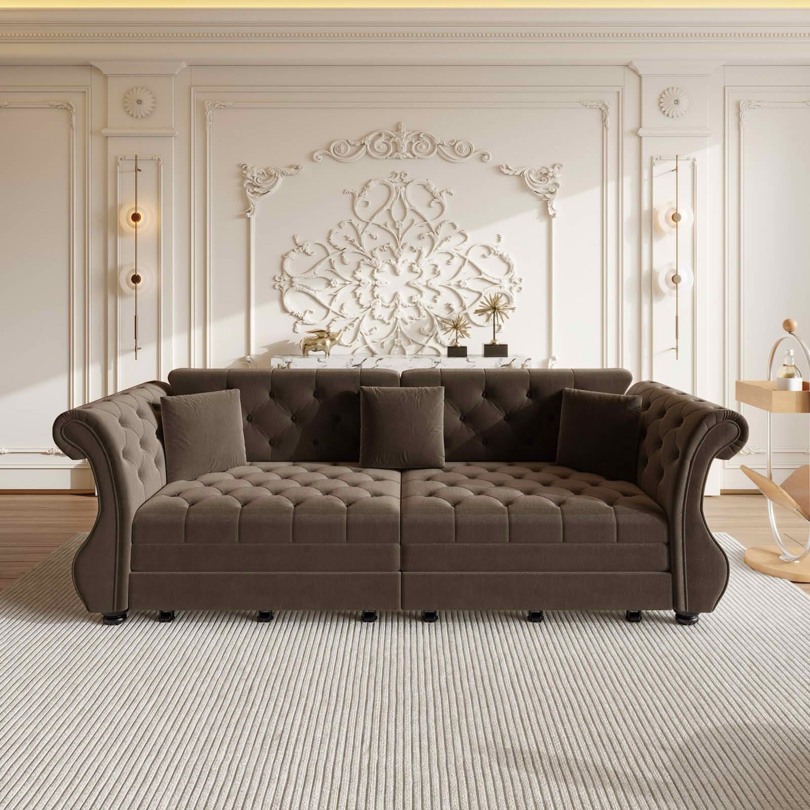 MAYEERTY 97.6" Chesterfield Pull‑Out Sofa Bed, Classic Roll‑Arm Velvet Couch with Flower Tufting, 3 Pillows Included for Living Room, Bedroom and Apartment