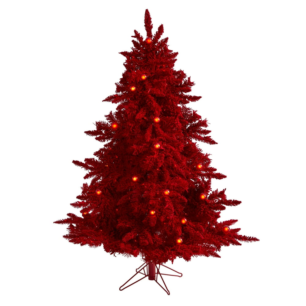 5ft. Red Flocked Fraser Fir Artificial Christmas Tree with 250 Red
