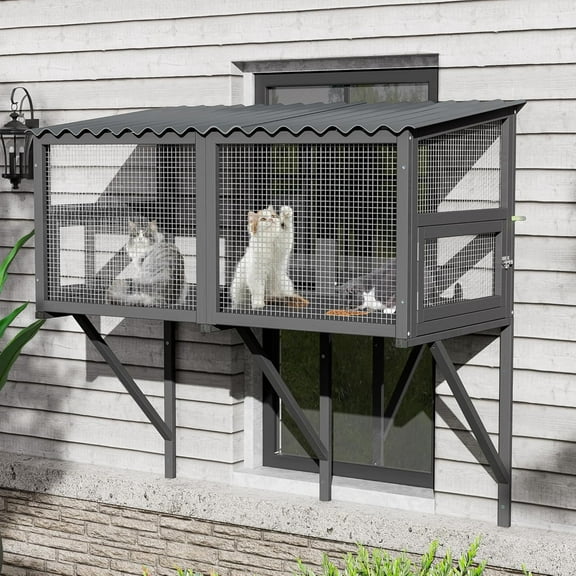Catio Cats Window Perch Outdoor, 360° Catio Cats Enclosure Window for Cat with Waterproof Roof, Cat Window Box with Metal Mesh Door for Sunbathing, Napping, Overlooking (Black, Large)