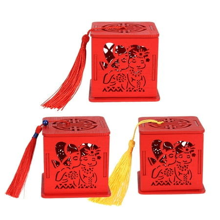 

3pcs Wedding Chinese Style Candy Boxes Wooden Hollow Out Candy Chocolate Boxes Wedding Party Bonbonniere (Blue Bead Tassel + Red Tassel + Golden Tassel)