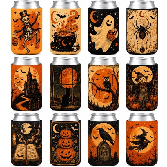 12 Pack Vintage Halloween Can Cooler Sleeves Retro Spooky Drink Sleeves Reusable Neoprene Halloween Can Cooler Sleeves for Soda, Beverage, Party, Fall Decor Party Favor Set