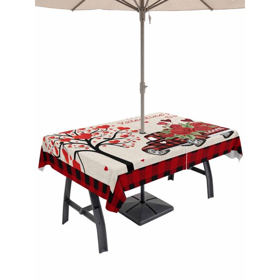 Outdoor Tablecloth with Umbrella Hole and Zipper, Red Valentine's Day Rectangle Table Cloth 52x70 Inch Waterproof Tablecloth, Love Heart Roses Plaid Romantic Rustic Picnic Table Cover for Patio