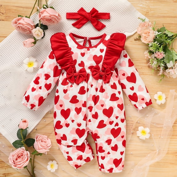 ZEHJUHAN Baby Valentine's Day Romper, Long Sleeve Heart Print Bodysuit with Bow & Ruffle Trim For Spring Fall Red,0-3M