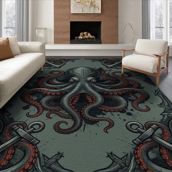ODIKA 8'x10' Washable Area Rug Doormat Horror Distressed Nautical Vintage Map Border Rum Octopus Refined for Dining Room, Large Office, Lounge, Non-Slip Chair-Friendly Mat