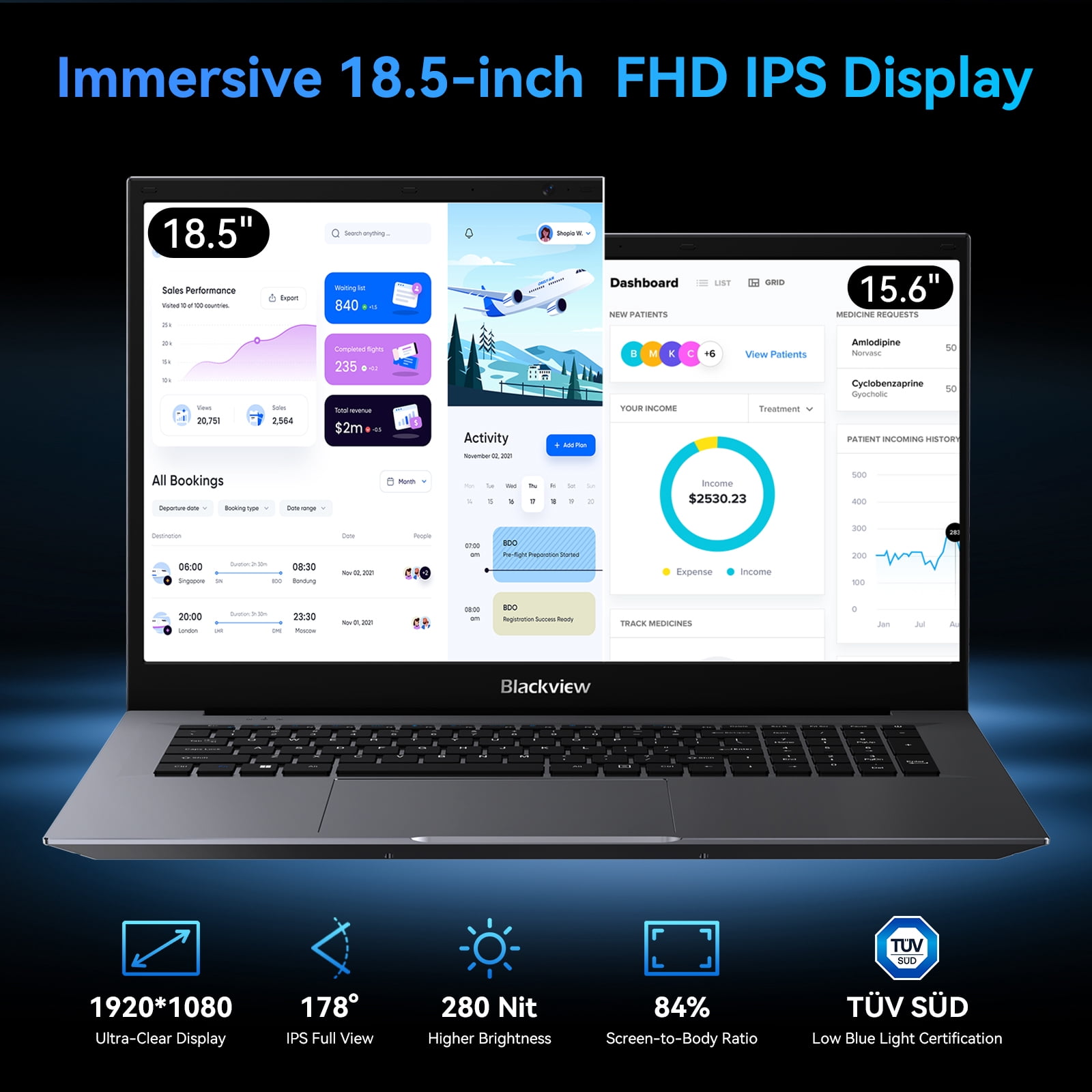 Blackview 18.5 inch Laptop Computer Intel Alder Lake N150 16GB RAM 512GB M.2 SSD Windows 11 Pro 1080FHD Laptop,2MP Camera,8000mAh Large Battery Laptop