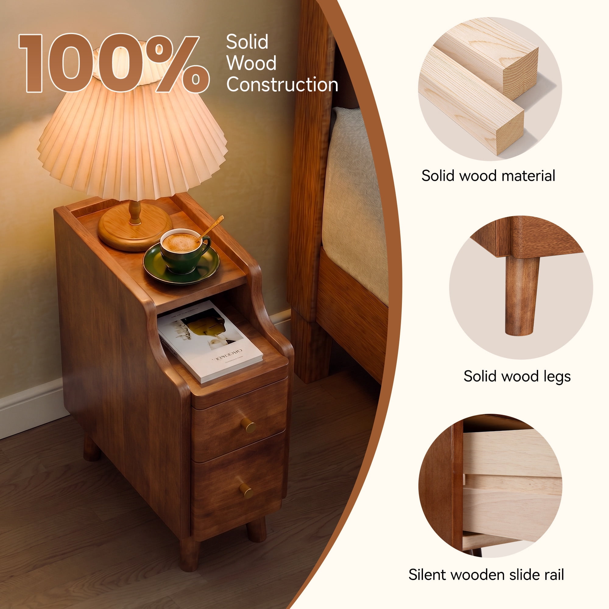 Narrow Nightstand with Drawers, Pre-Assembled Solid Wood Small Skinny Night Stand with Open Sliding Shelf, Mid Century Modern Slim Bedside Table for Bedroom, Sofa End Side Table, Walnut
