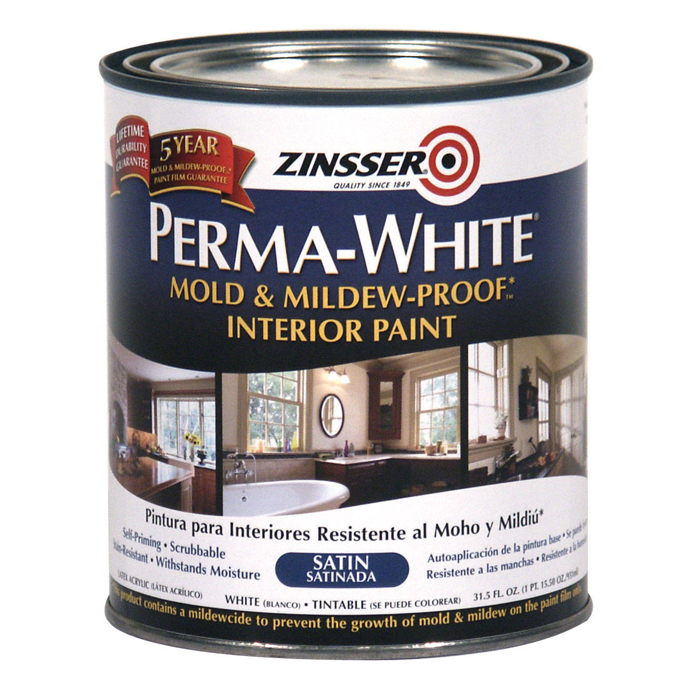 6 Pack, White, Zinsser Perma-White Satin Interior Mold & Mildew Proof Paint- Quart