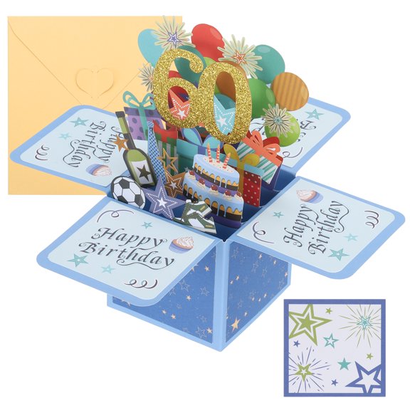 Uxcell 60th Birthday Card, Pop-Out Birthday Card Happy Birthday with Greeting Card and Envelope for Boy Women Friend, Blue
