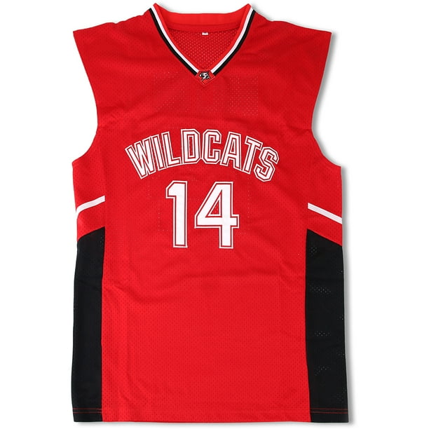 Camisa de malla transpirable para hombres Troy Bolton 14 puntos camiseta de baloncesto de secundaria roja