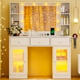 thumbnail image 2 of Ktaxon Makeup Vanity with Lighted Mirror, Vanity Table with Glass Table Top and Charging Station for Bedroom, White, 2 of 9