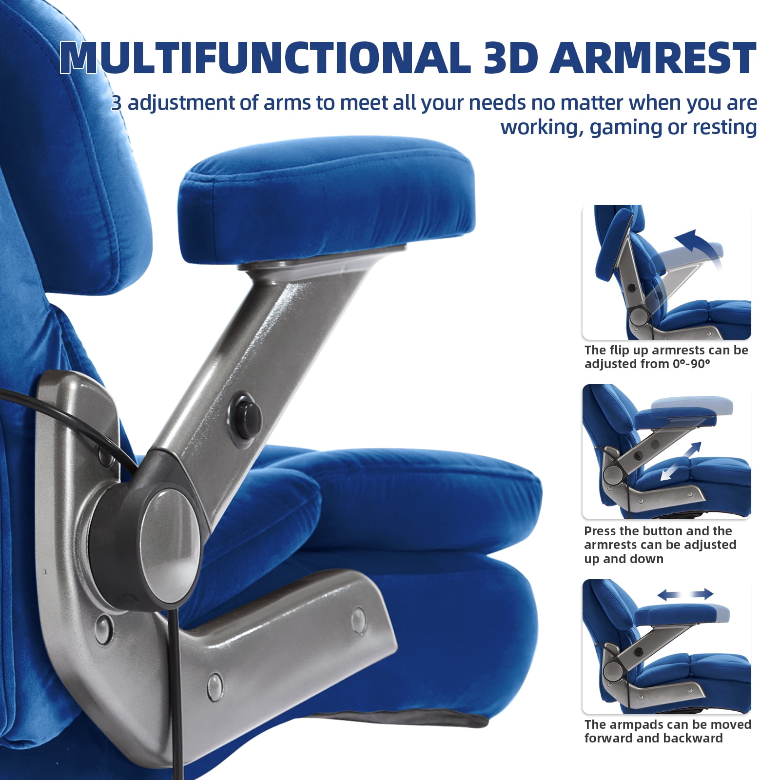 Big and Tall 700lbs Office Chair, Fabric Heavy Duty Executive Chair with 3D Flip up Armrests Adjustable Lumbar Support Large Rubber Wheels, Extra Wide High Back Computer Desk Chair, Blue