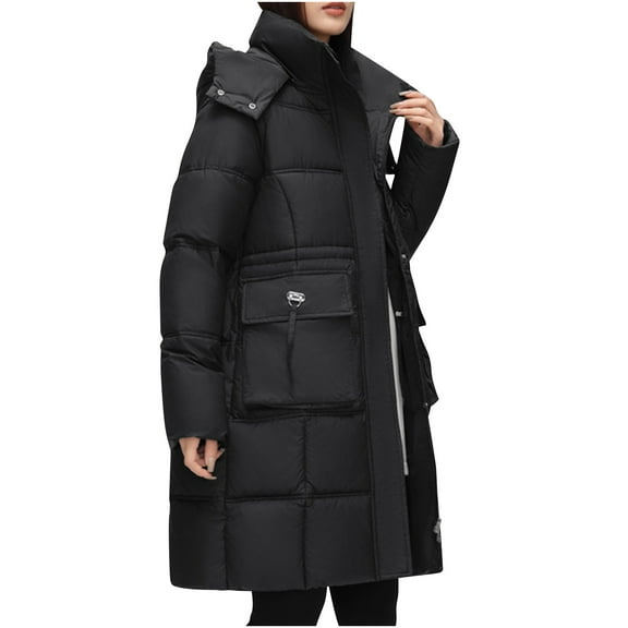 Drses Women's Long Puffer Coat Thickened Winter Coat Warm Puffy Coat with Detachable Hood