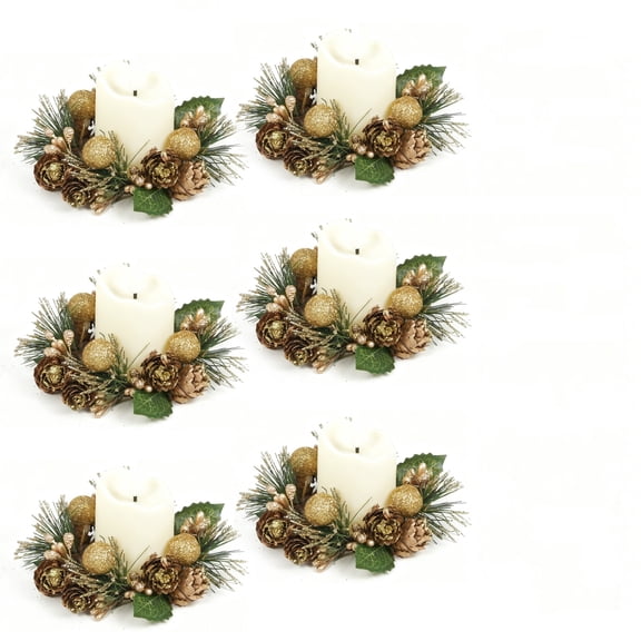6 Pack Christmas Candle Rings Wreaths with LED Candles in Glass Cup for Table,Front Door,Cabinet,Window Holiday Decor