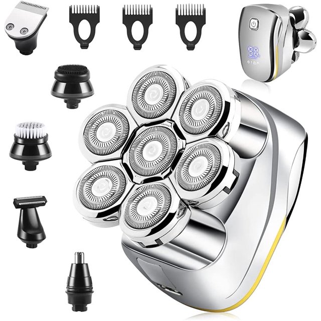 Afeitadora eléctrica para hombres, recortadora de calva: - 6 en 1, recortadora de barba recargable, afeitadora rotativa multifunción, afeitadora eléctrica para calva, profesional, inalámbrica, resistente al agua, para hombres, 7 cabezales esquí esquí Gafas de esquí