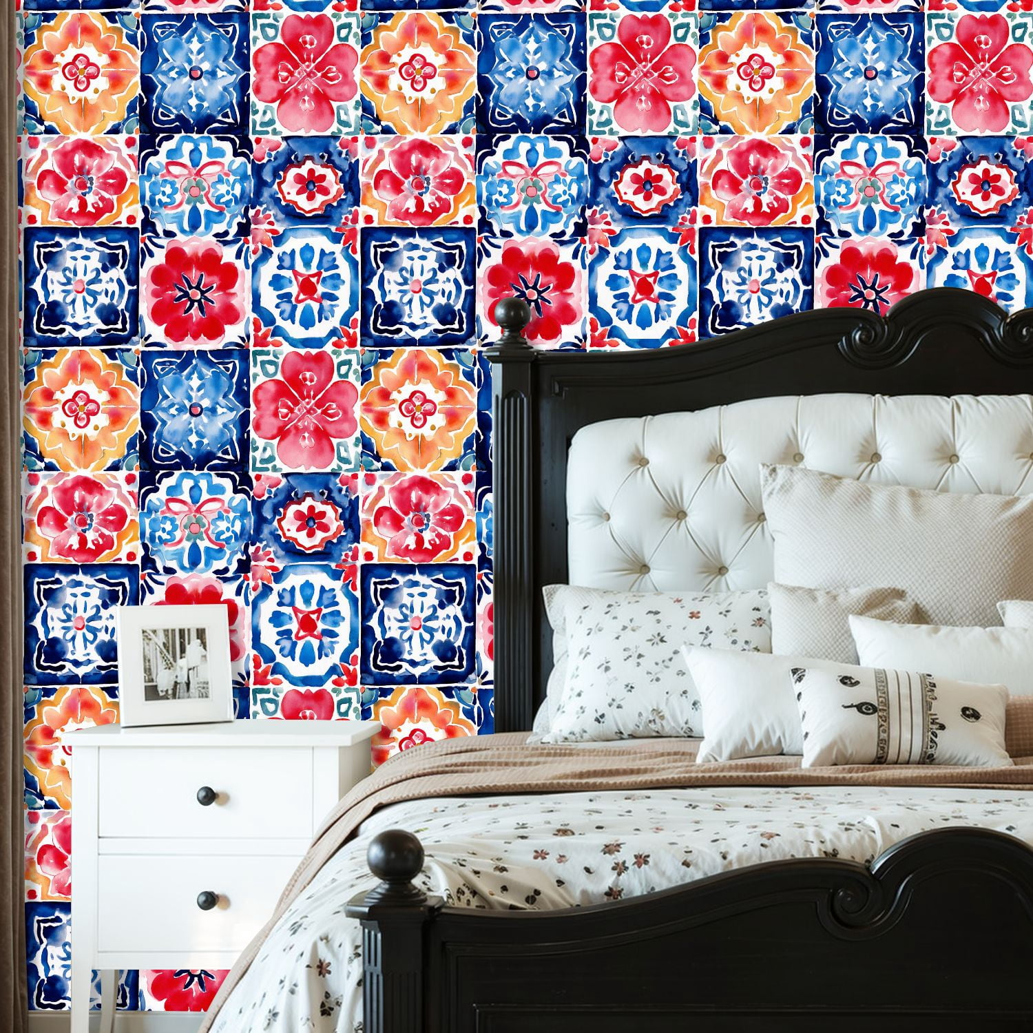 Peel and Stick Wallpaper Colorful Floral Tile Red Blue Yellow Watercolor Style Wall Mural 23.6in x 9.8ft Self Adhesive Removable Wall Paper Renter Friendly Wallpaper for Bedroom