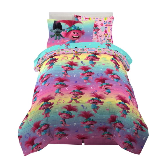 Franco Kids Bedding Trolls World Tour Twin Comforter and Sheet Set with Sham, 5 Piece Set