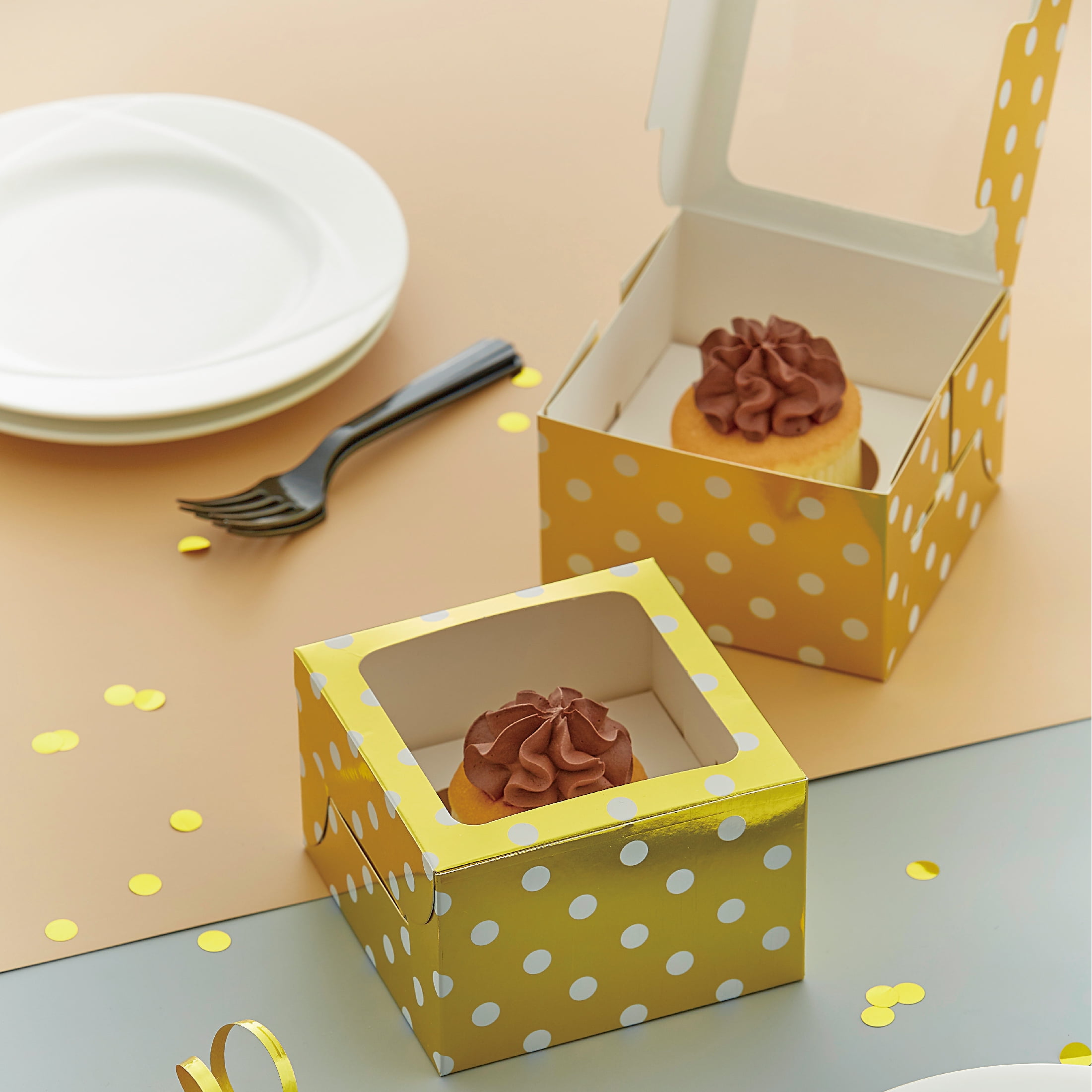 (2 pack) 4.5" x 4.5" x 3" Gold Foil Polka Dot Treat Boxes with Windows, 3 Count, by Way To Celebrate