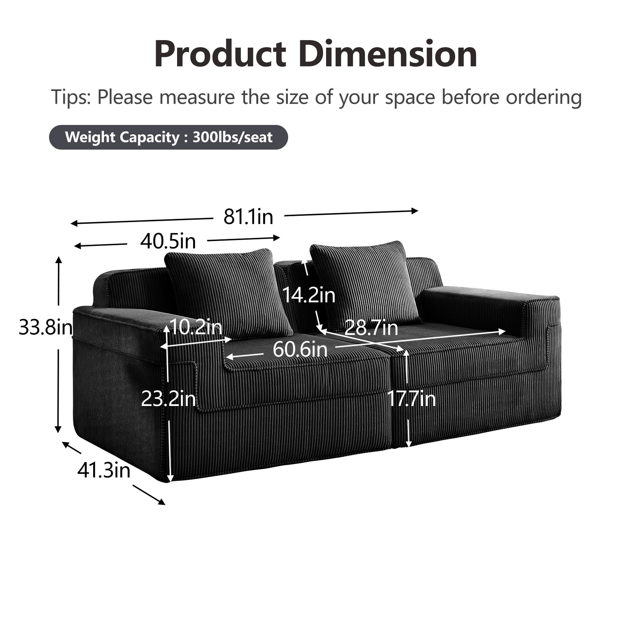 DEALTOPS 81" Modern Corduroy Floor Sofa, Modular 2-Seater Cloud Couch with Deep Seats & 2 Pillows, Black