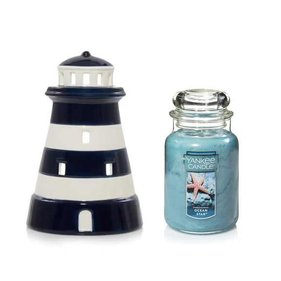 Yankee Candle Large Hand-Painted Lighthouse Porcelain Jar Holder with an Ocean Star Classic Jar Candle 2-pc Set