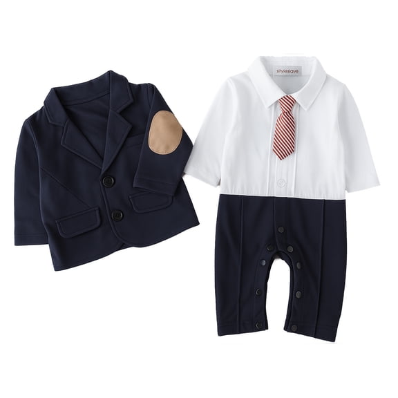 StylesILove 2PC Boy Romper Suit with Elbow Patches Jacket (Navy Blue, 18-24 months/90)