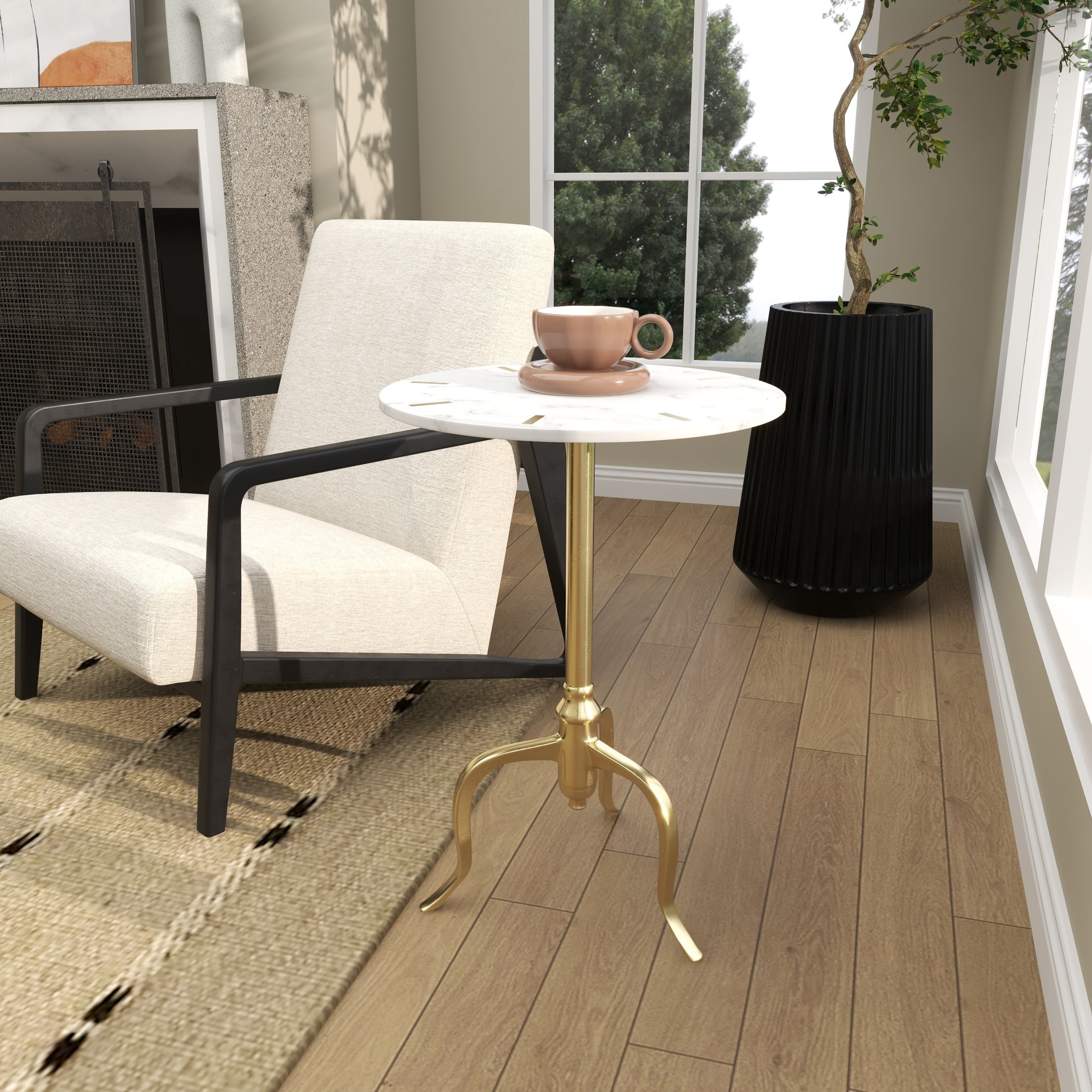 DecMode 18" x 25" White Marble Accent Table with Gold Inlay and Scrolled Base, 1-Piece