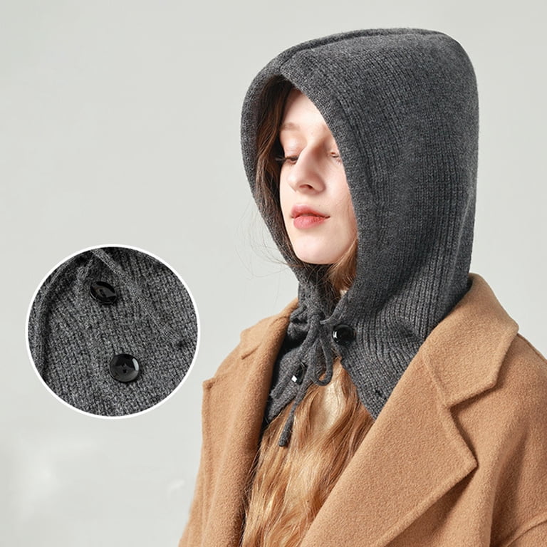 Women Winter Knit Beanie Hat with Drawstring Hooded Scarf for Warmth Knitted Balaclava Hooded Scarf for Women Scarf with Hood  main image 2