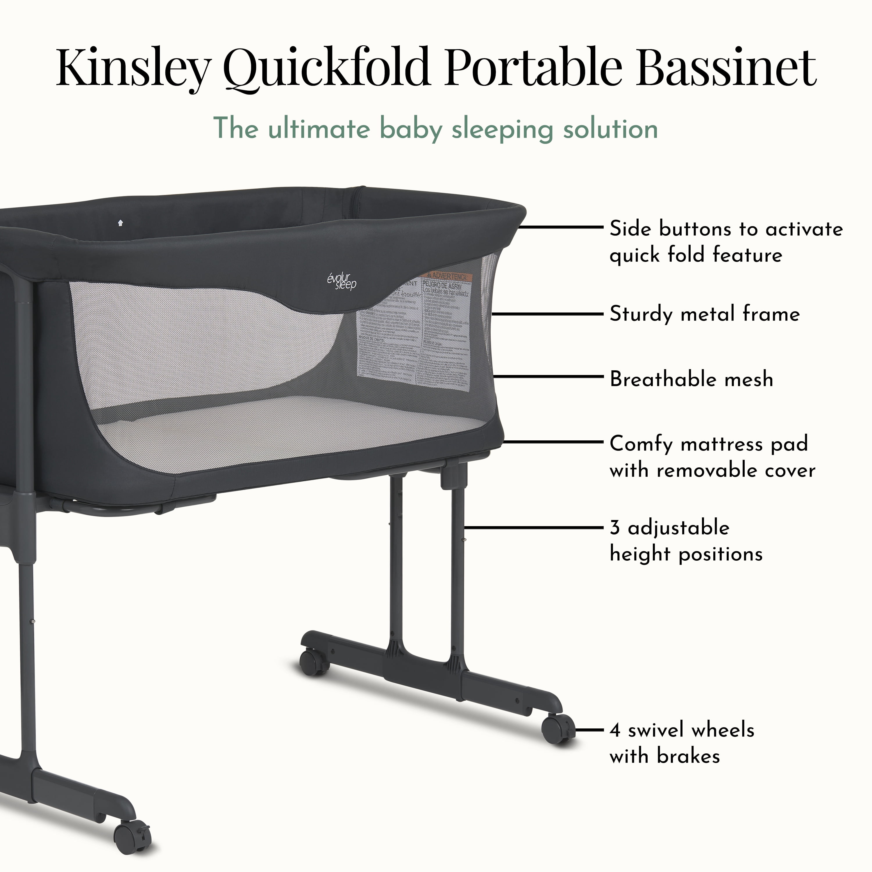 Evolur Kinsley Quickfold Portable Bassinet, Dark Gray