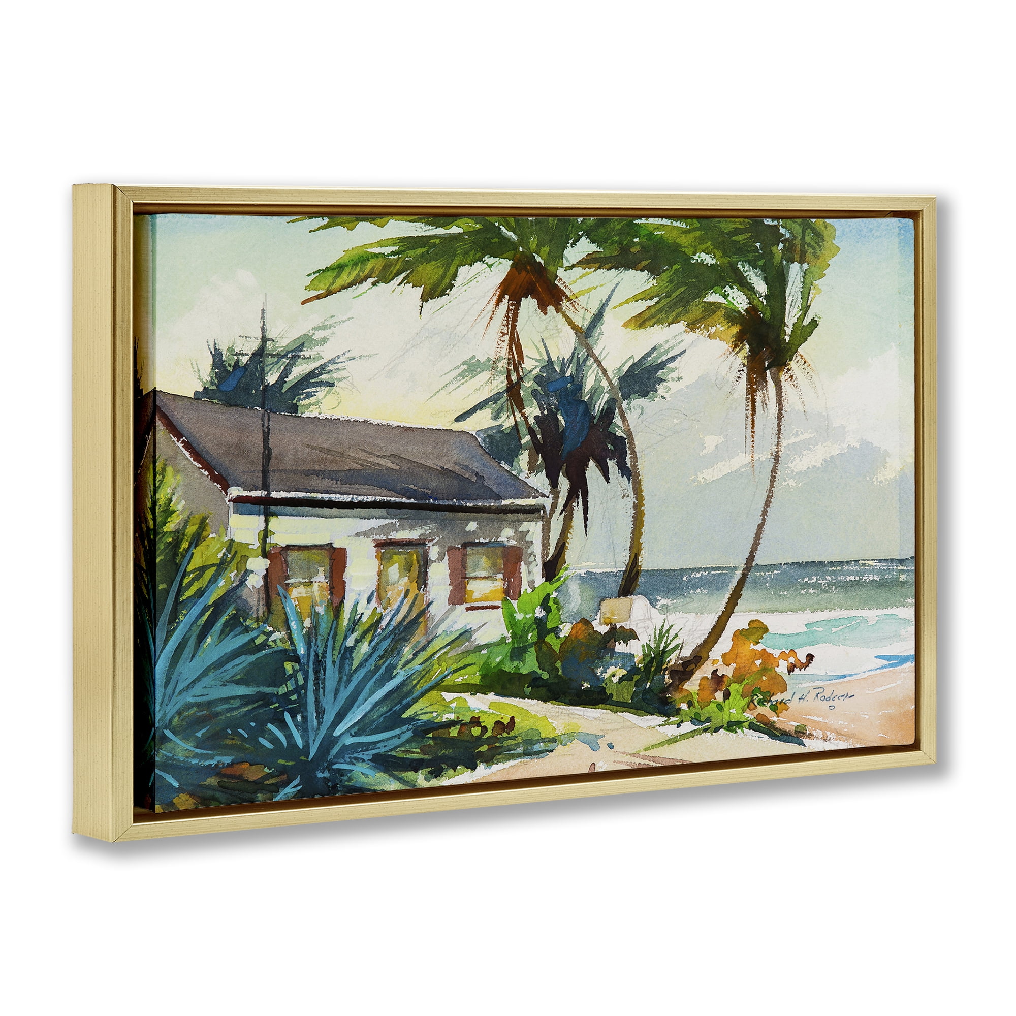 Stupell Industries Windswept Palms Cottage Landscape & Nature Painting Gold Floater Framed Canvas Art Print Wall Art, 31 x 21