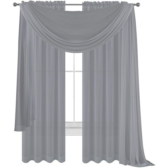 WPM Beautiful Voile Sheer Curtains with Scarf Valance, 57” x 84” (2 Panels)
