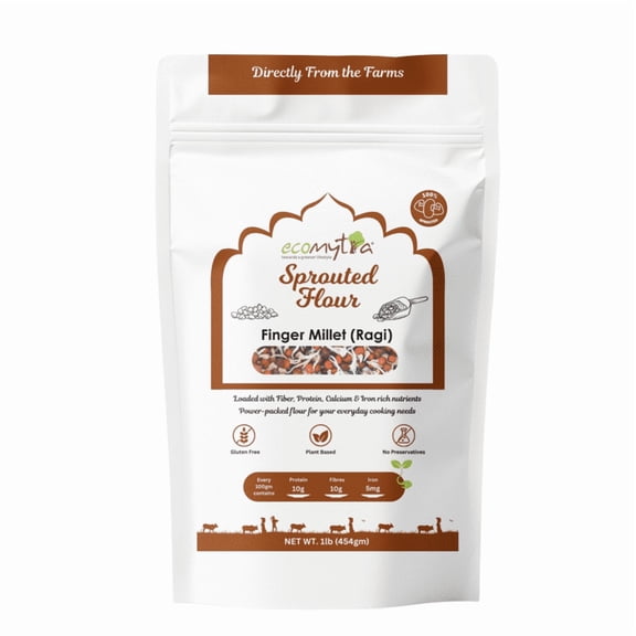 Ecomytra Sprouted Finger Millet Flour (Ragi) - High Calcium Superfood - 1lb