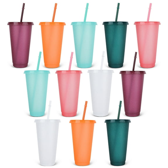 12pcs Reusable Plastic Cups with Lids and Straws 24oz Colorful Straw Tumblers Bulk