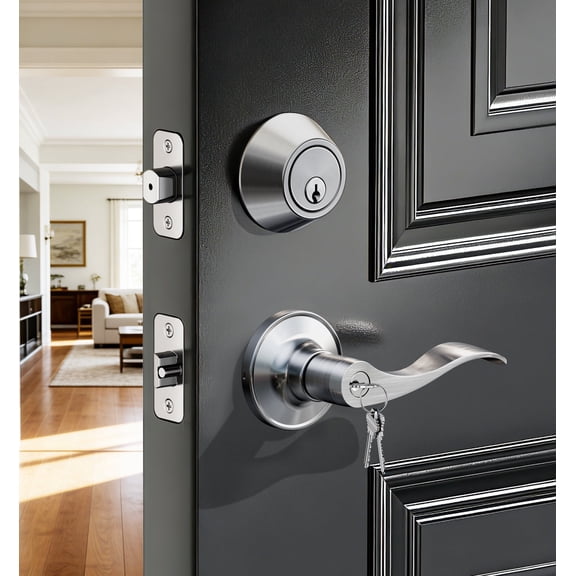Veise Keyed Alike Front Door Lever, Door Handle & Deadbolt, Satin Nickel