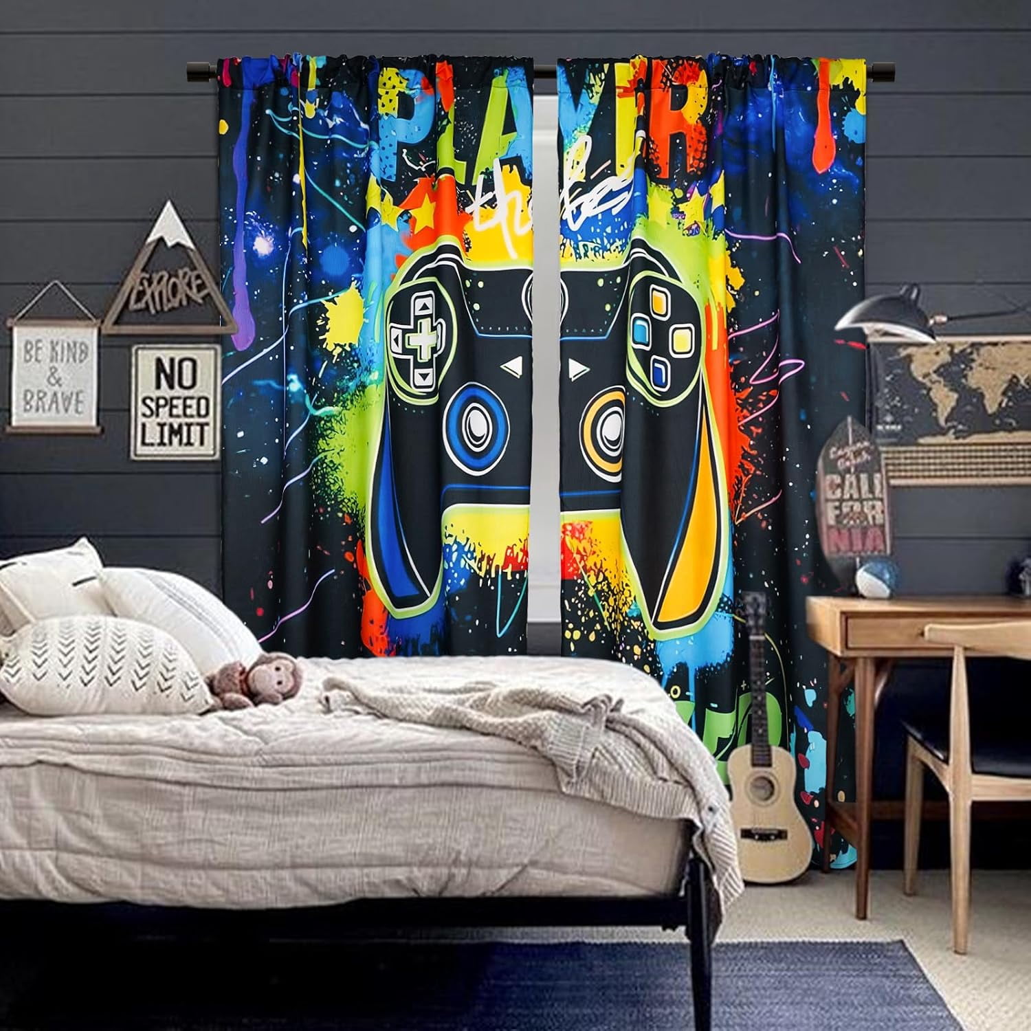 Gaming Curtains for Boys Blackout Video Game Curtains Gifts for Gamer Living Room Bedroom Decor 2 Panel Set, 41"x63"