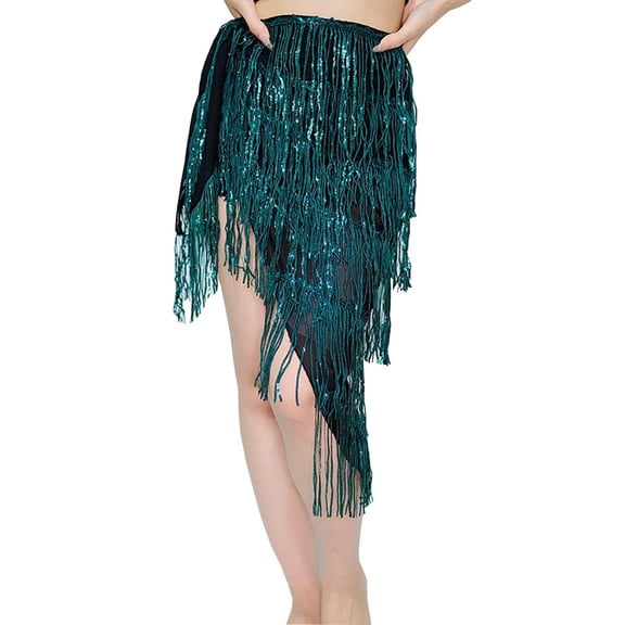 Sequin Tassel Hip Scarf Skirts Womens Sparkly Glitter Fringe Triangle Wrap Skirts Belly Dance Waist Chain Belt Green, Free Size