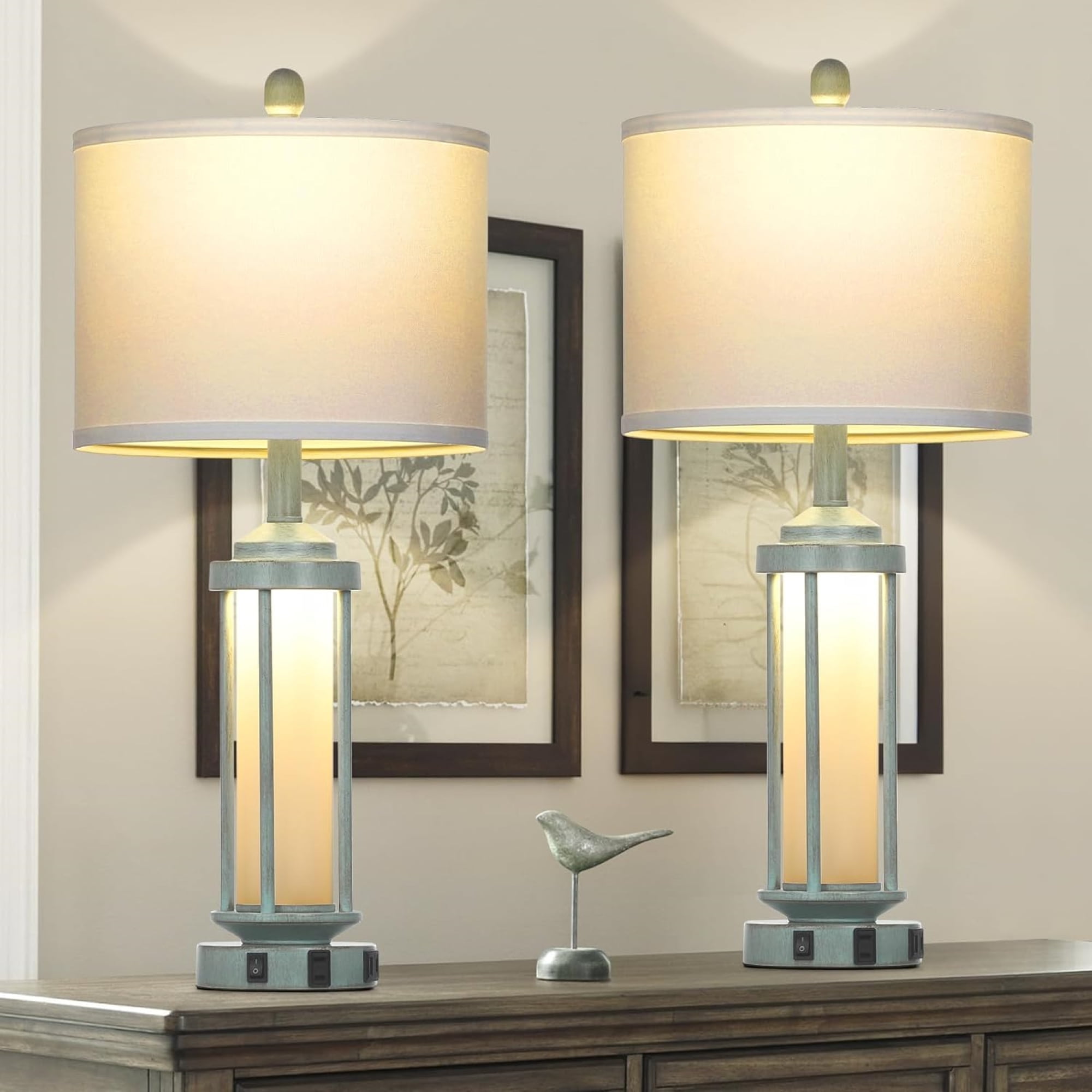 Cinkeda Industrial Table Lamps Set of 2 for Living Room Bedroom Coastal Blue Bedside Nightstand Lamp with USB A+C Ports AC Outlet Glass Nightlight