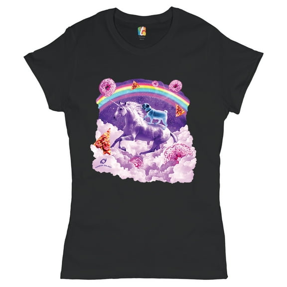 Tee Hunt Pug Riding a Unicorn in Clouds T-Shirt Space Rainbow Trippy Donuts Women's T-Shirt Tee