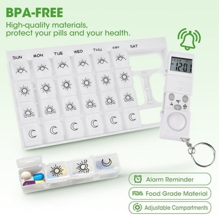 Smart Pill Organizer 28 Compartments – Programmable Daily Medication Reminder Alarm, Pill Organizer Box Customizable 2 Times or 3x A Day, White Case for Seniors & Travel Pill Dispenser