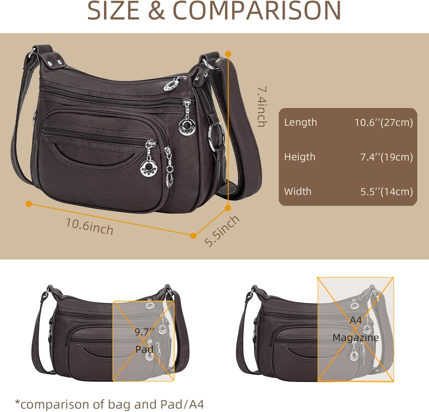 Crossbody Bag for Women Multi Pocket PU Leather Shoulder Handbag Large Capacity Lightweight Purse for Daily Use