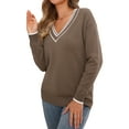 thumbnail image 4 of INSPIRE CHIC V Neck Sweater for Women's 2025 Long Sleeve Striped Pullover Soft Fall Casual Sweaters XS Brown, 4 of 6