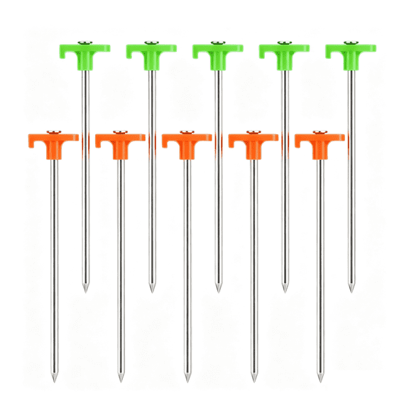 10 Pack Tent Stakes, 9.84 Inch Heavy Duty Steel Tent Pegs, Orange & Green, Rustproof Galvanized Metal Spikes for Camping Patio Garden Canopy Outdoor