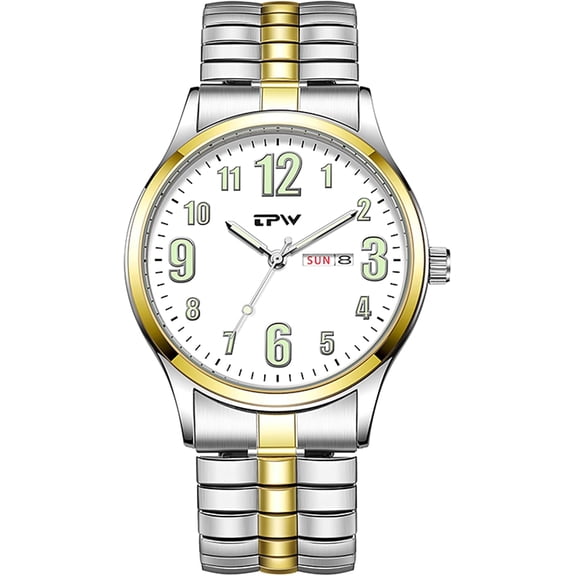 Easy-to-Read Men’s Quartz Watch Large Numbers Luminous Elastic Strap Stainless Steel Stretch Band Waterproof Watches